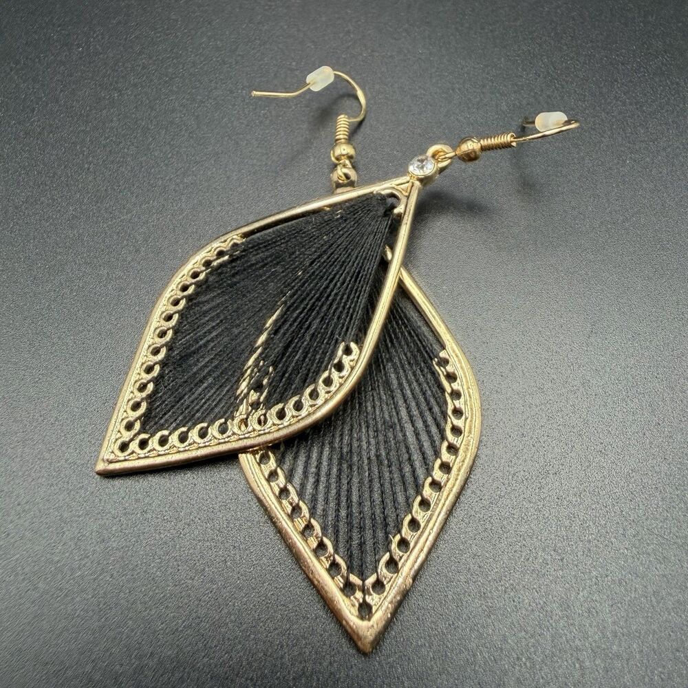 Black teardrop shape fashion earrings w/ black fabric center & Gold Tone finish